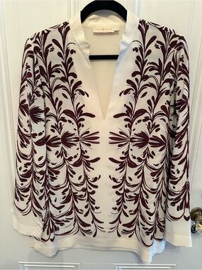 Tory Burch Off-White Blouse with Burgundy floral pattern.